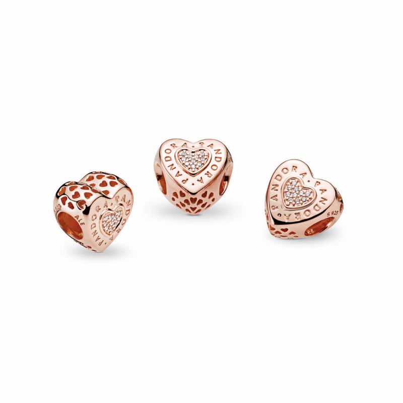 Pandora Rose™ Signature Heart Charm Ireland - Pandora Rose/Cubic Zirconia - 423158CRA